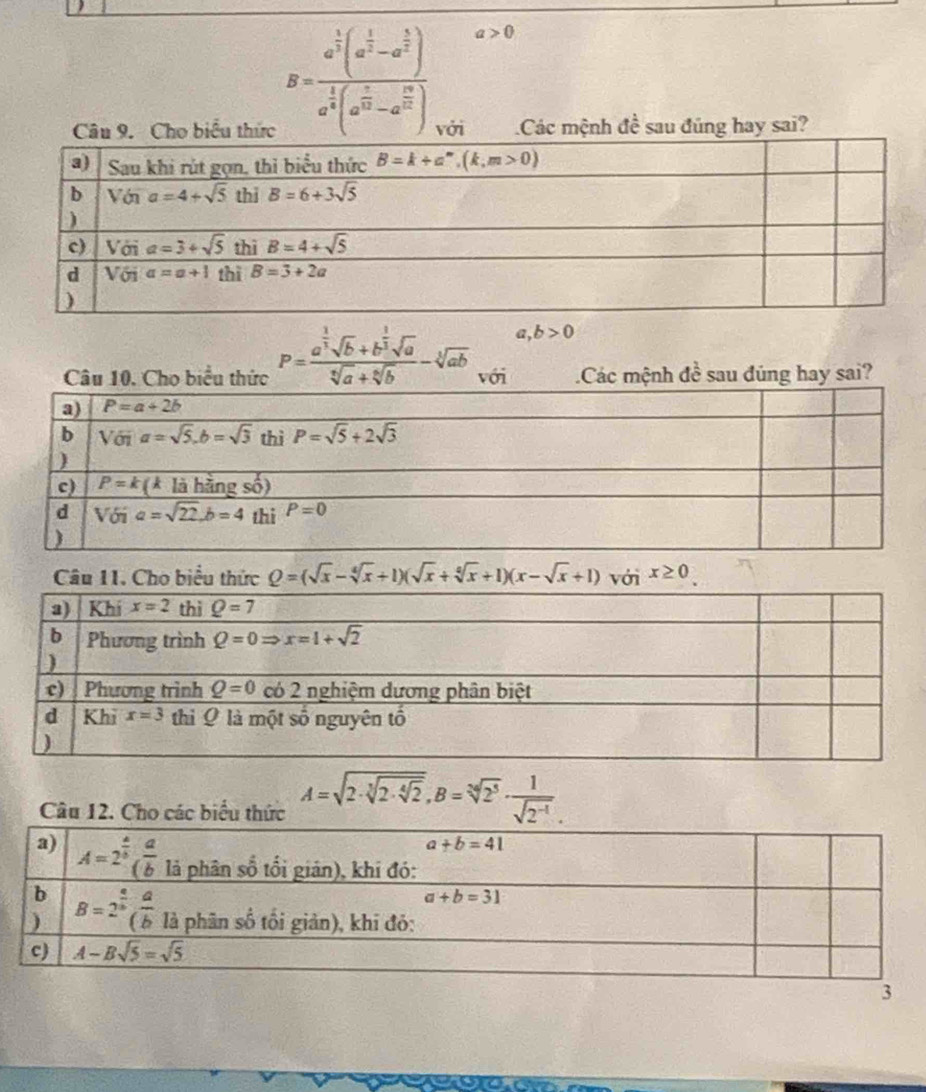 B=frac a^(frac 1)2(a^(frac 1)2-a^(frac 5)2)a^(frac 1)3(a^(frac 1)2-a^(frac 1)2) a>0
Câu 9. Cho biểu thức với Các mệnh đề sau đúng hay sai?
a b>0
Câu 10. Cho biểu thức P=frac a^(frac 1)3sqrt(b)+b^(frac 1)3sqrt(a)sqrt[5](a)+sqrt[5](b)-sqrt[3](ab) với Các mệnh đề sau đúng hay sai?
Câu 11. Cho biểu thức Q=(sqrt(x)-sqrt[4](x)+1)(sqrt(x)+sqrt[4](x)+1)(x-sqrt(x)+1) với x≥ 0.
Câu 12. Cho các biểu thức A=sqrt(2· sqrt [3]2· sqrt [4]2),B=sqrt[3](2^3)·  1/sqrt(2^(-1)) .