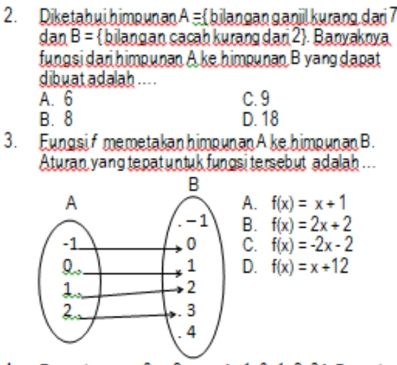 Diketahui himpunan A=  bilangan ganjil kurang dari 7
dan B= bilangan cacah kurang dar 2. Banyaknya
fungsi dari himpunan A ke himpunan B yang dapat
dibuat adalah ... .
A. 6 C. 9
B. 8 D. 18
3. Eungsif memetakan himpunan A ke himpunan B.
Aturan yang tepat untuk fungsi tersebut adalah.
A. f(x)=x+1
B. f(x)=2x+2
C. f(x)=-2x-2
D. f(x)=x+12