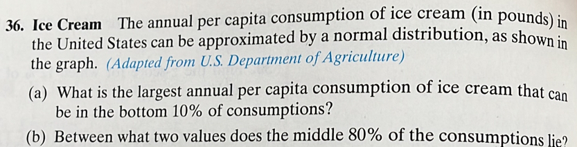 Ice Cream The annual per capita consumption of ice cream (in pounds) in 
the United States can be approximated by a normal distribution, as shown in 
the graph. (Adapted from U.S. Department of Agriculture) 
(a) What is the largest annual per capita consumption of ice cream that can 
be in the bottom 10% of consumptions? 
(b) Between what two values does the middle 80% of the consumptions lie?