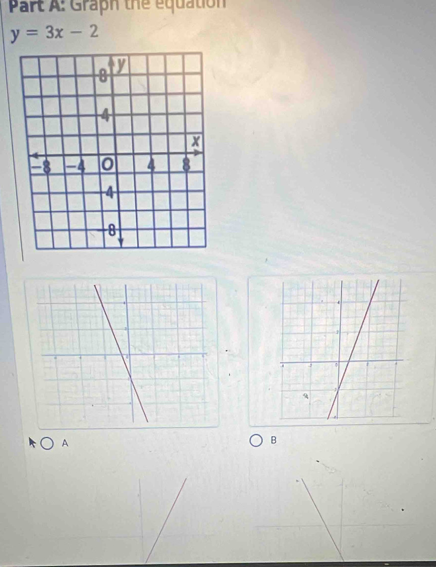 Graph the equation
y=3x-2
A 
B