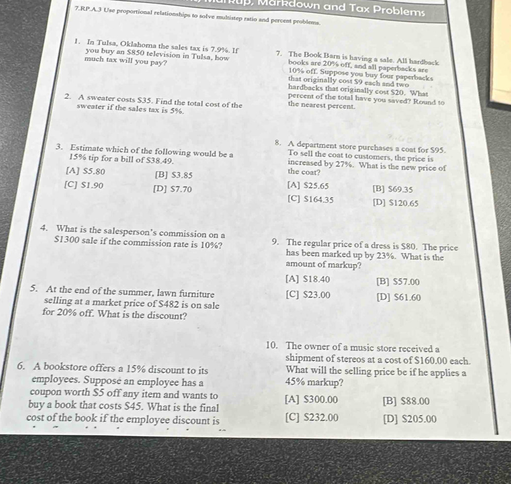 Solved: Rup, Märkdown and Tax Problems 7.RP.A.3 Use proportional ...