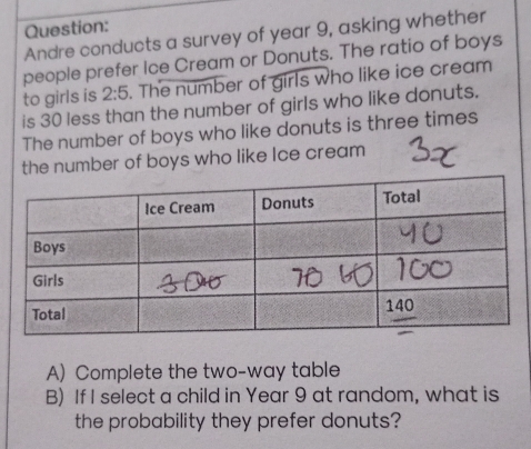 Andre conducts a survey of year 9, asking whether 
people prefer Ice Cream or Donuts. The ratio of boys 
to girls is 2:5. The number of girls who like ice cream 
is 30 less than the number of girls who like donuts. 
The number of boys who like donuts is three times 
the number of boys who like Ice cream 
A) Complete the two-way table 
B) If I select a child in Year 9 at random, what is 
the probability they prefer donuts?