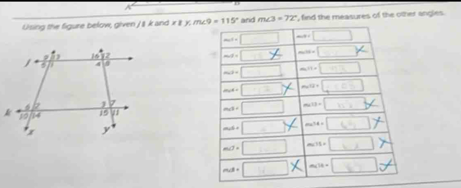 Using the figure below, given J &k and x||y| and m∠ 3=72° , find the measures of the other angles