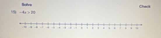 Solve Check 
15) -4x>20