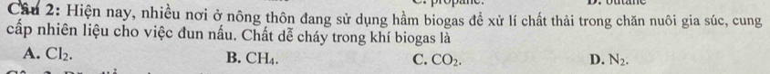 Cầu 2: Hiện nay, nhiều nơi ở nông thôn đang sử dụng hầm biogas để xử lí chất thải trong chăn nuôi gia súc, cung
cấp nhiên liệu cho việc đun nấu. Chất dễ cháy trong khí biogas là
A. Cl_2.
B. CH_4. C. CO_2. D. N_2.