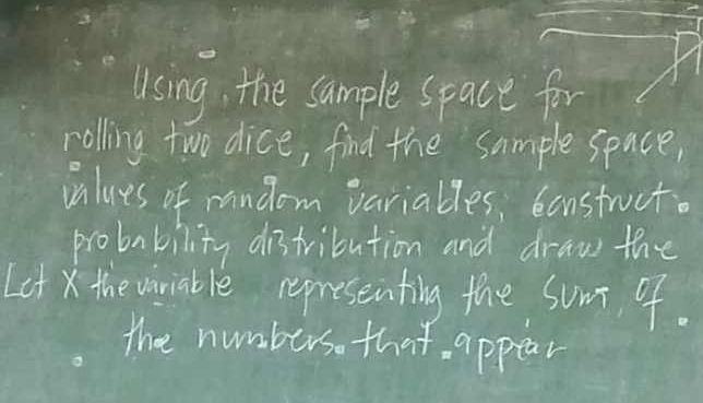 Using, the sample space for 
rolling two dice, find the sample seace, 
values of random variables, bonstruct. 
probability distribution and draw the 
Let x the variable representing the sum of. 
the numbers that appear