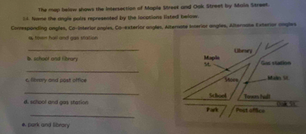 The map below shows the Intersection of Maple Street and Oak Street by Main Street. 
14. Name the angle pairs represented by the locations listed below. 
Corresponding angles, Co-interior angles, Co-exterior angles, Alternate Interior angles, Alternate Exterior angles 
as town hall and gas station 
_ 
b. school and fibrary 
_ 
c, library and post office 
_ 
d. school and gas station 
_ 
e. park and library