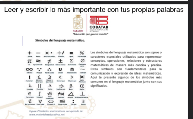 Leer y escribir lo más importante con tus propias palabras 
Símbolos del lenguaje matemático. 
% Los símbolos del lenguaje matemático son signos o 
caracteres especiales utilizados para representar 
) conceptos, operaciones, relaciones y estructuras 
matemáticas de manera más concisa y precisa 
∞ U n Estos símbolos son fundamentales para la 
comunicación y expresión de ideas matemáticas 
2 < > |x Aquí te presento algunos de los símbolos más 
comunes en el lenguaje matemático junto con sus 
|| β α significados. 
C 
- 
Figura 2 Símbolos matemáticos. recuperado de: 
www. materialeseducativos ner