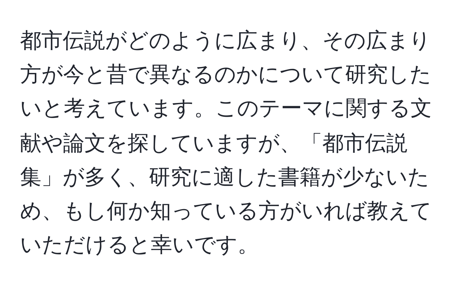 都市伝説がどのように広まり、その広まり方が今と昔で異なるのかについて研究したいと考えています。このテーマに関する文献や論文を探していますが、「都市伝説集」が多く、研究に適した書籍が少ないため、もし何か知っている方がいれば教えていただけると幸いです。