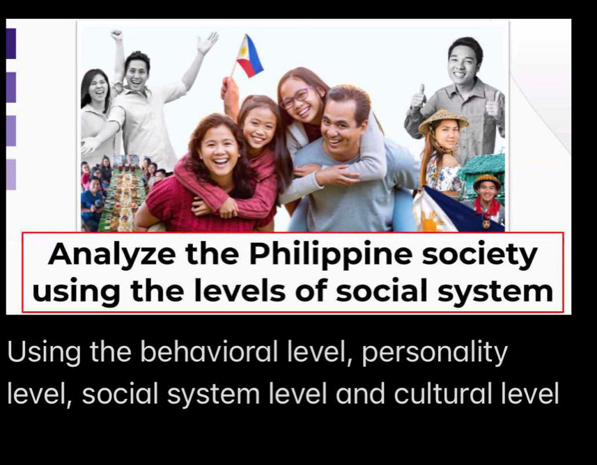 Analyze the Philippine society 
using the levels of social system 
Using the behavioral level, personality 
level, social system level and cultural level