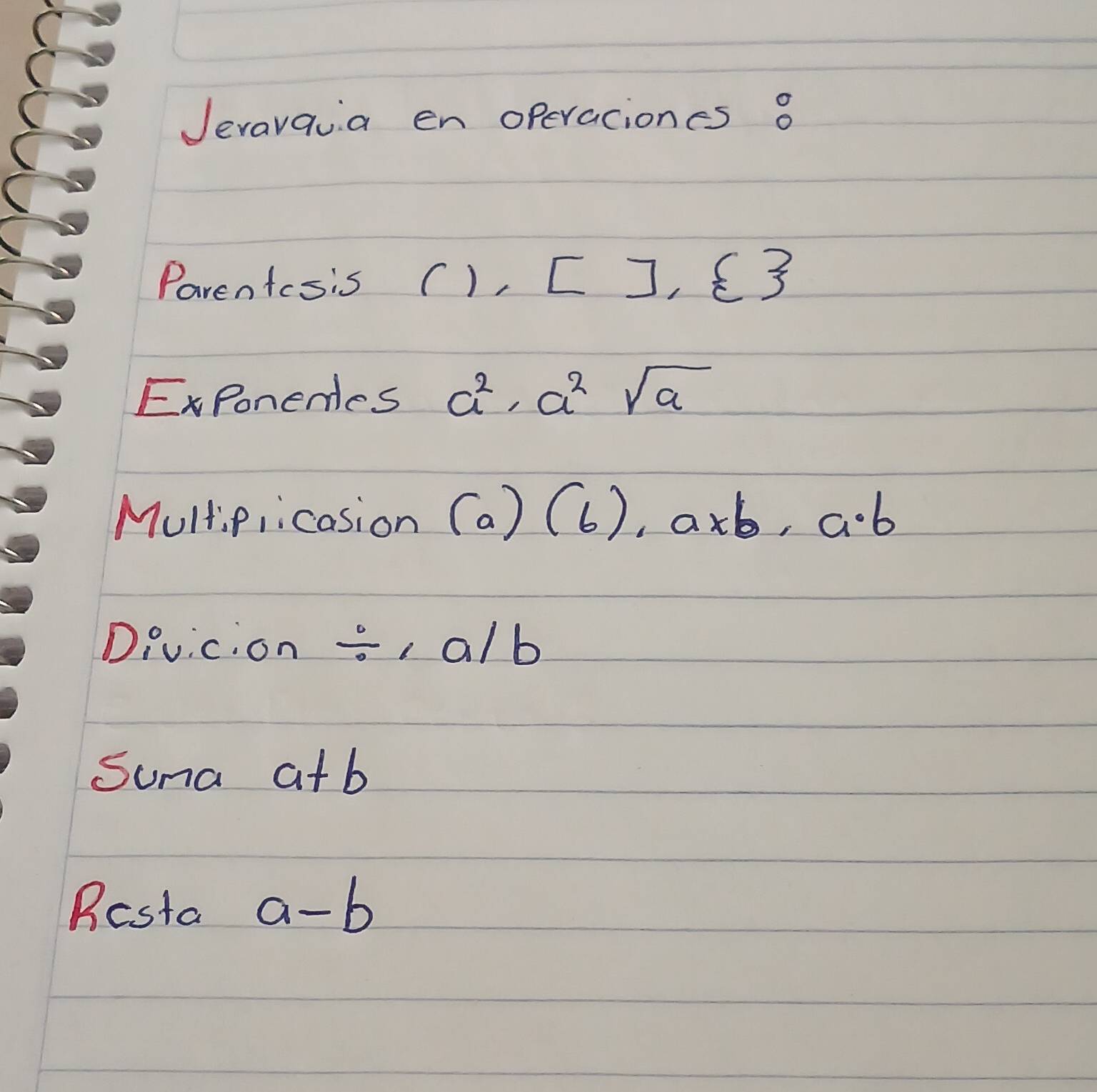 Jevavaua en operaciones 8 
Parentcsis (1,[],  
ExPonenles a^2, a^2sqrt(a)
Multipiicasion (a)(6), axb, a· b
Divicion / , a/b
Suna a+b
Besta a-b