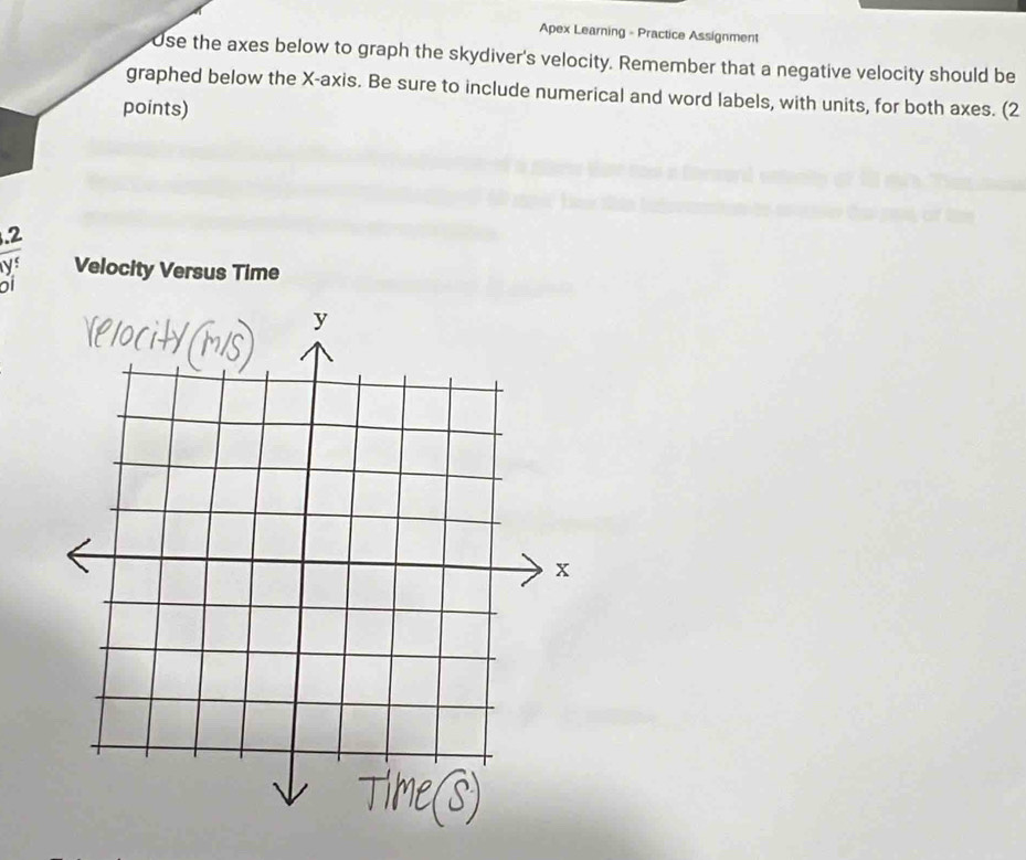 Apex Learning - Practice Assignment 
Use the axes below to graph the skydiver's velocity. Remember that a negative velocity should be 
graphed below the X-axis. Be sure to include numerical and word labels, with units, for both axes. (2 
points) 
.2
y Velocity Versus Time 
oi