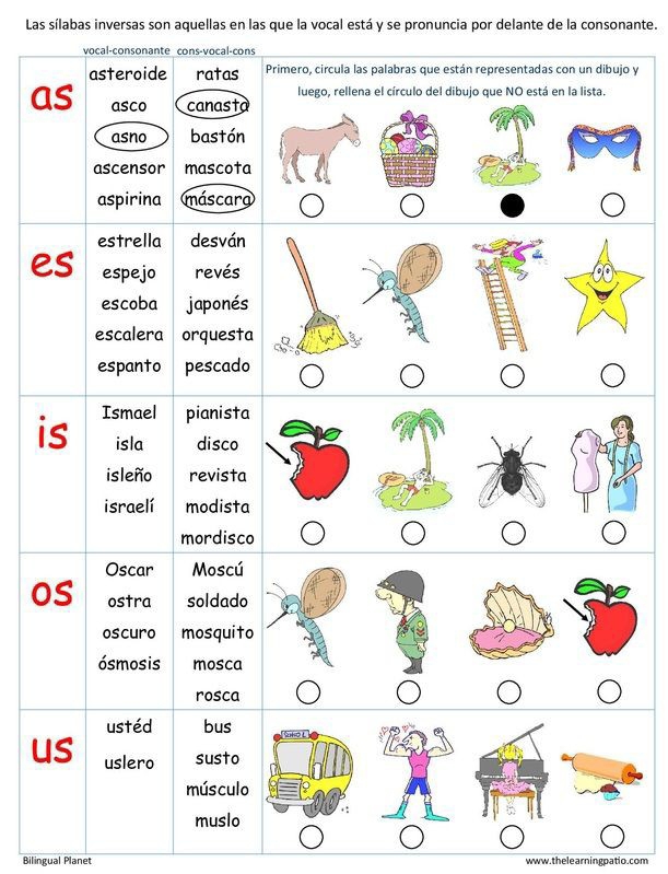 Las sílabas inversas son aquellas en las que la vocal está y se pronuncia por delante de la consonante. 
vocal-consonante cons-vocal-cons 
asteroide ratas Primero, circula las palabras que están representadas con un dibujo y 
luego, rellena el círculo del dibujo que NO está en la lista. 
as asco canasta 
asno bastón 
ascensor mascota 
aspirina máscara 
estrella desván 
es espejo revés 
escoba japonés 
escalera orquesta 
espanto pescado 
is Ismael pianista 
isla disco 
isleño revista 
israelí modista 
mordisco 
Oscar Moscú 
oS ostra soldado 
oscuro mosquito 
ósmosis mosca 
rosca 
ustéd bus 
us uslero susto 
músculo 
muslo 
Bilingual Planet www. the learn ingoatio.com