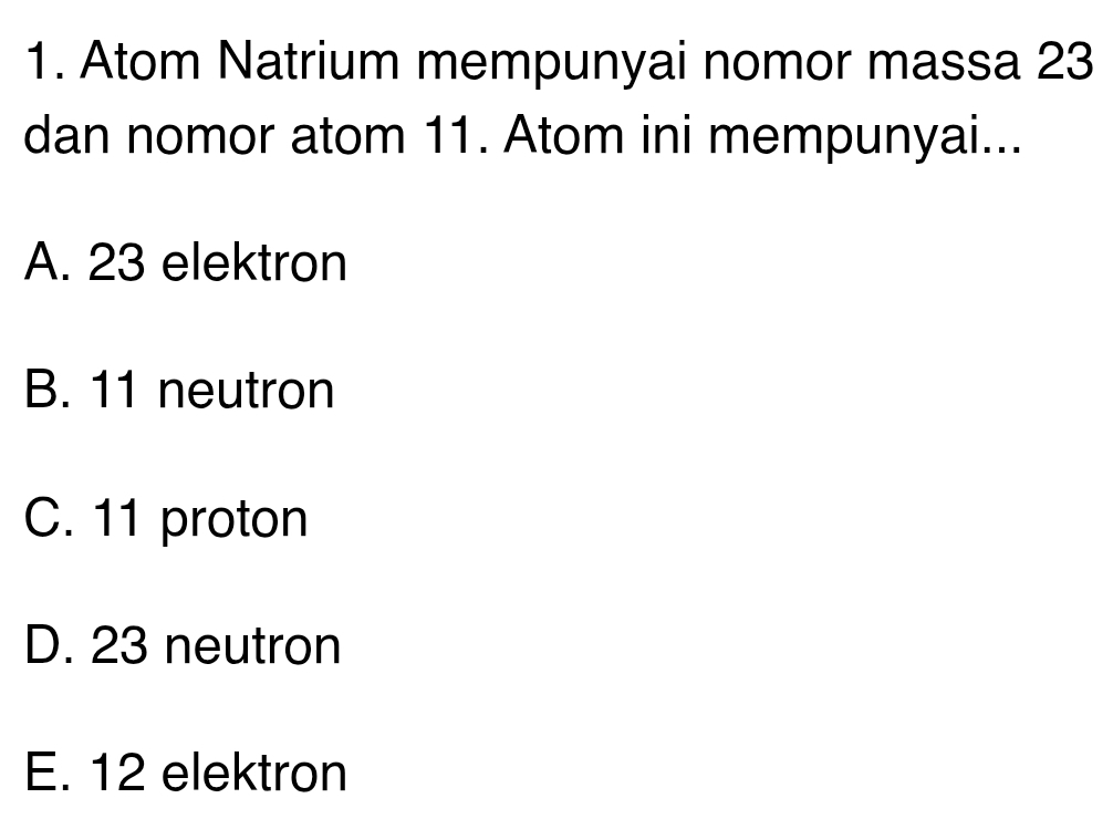 Atom Natrium mempunyai nomor massa 23
dan nomor atom 11. Atom ini mempunyai...
A. 23 elektron
B. 11 neutron
C. 11 proton
D. 23 neutron
E. 12 elektron