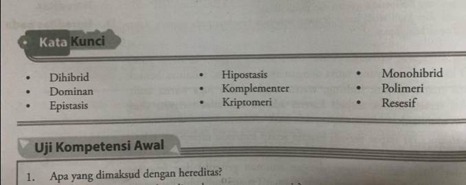 Kata Kunci
Dihibrid Hipostasis Monohibrid
Dominan Komplementer Polimeri
Epistasis Kriptomeri Resesif
Uji Kompetensi Awal
1. Apa yang dimaksud dengan hereditas?