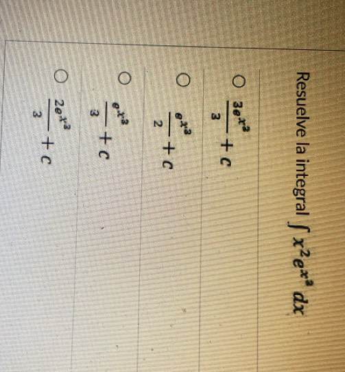 Resuelve la integral ∈t x^2e^(x^a)dx
frac 3e^(x^2)3+c
frac e^(x^3)2+c
frac e^(x^2)3+c
frac 2e^(x^3)3+c