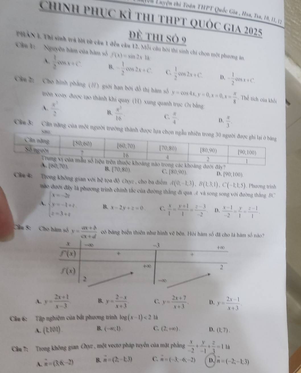 =n L uyện thi Toàn THPT Quốc Gia , Hsa, Tsa, 10, 11, 12
chính phục kì thi thpt quốc gia 2025
Đề thi số 9
PHAN L. Thi sinh trả lời từ cầu 1 đến cầu 12. Mỗi cầu hỏi thí sinh chí chọn một phương án
Câu 1:   Nguyên hàm của hàm số f(x)=sin 2x1d
A.  1/2 cos x+c. B. - 1/2 cos 2x+C. C.  1/2 cos 2x+C. D. - 1/2 cos x+C.
Cu 2: Cho hình phẳng (//) giới hạn bởi đồ thị hàm số y=cos 4x,y=0,x=0,x= x/8  Thể tích của khối
tròn xoay được tạo thành khi quay (H) xung quanh trục Ox bằng:
A.  x^3/2  B.  x^3/16  C.  π /4 . D.  π /3 .
Câa 3: Cần năng của một người trưởng thà
ng dưới đây?
B. (70,80). C. [80,90). D. [90;100).
Câu 4:   Trong không gian với h^3 tọa độ Oxyz , cho ba điểm A(0;-1;3),B(1;3;1),C(-1;1;5). Phương trinh
vào đưới đây là phương trình chính tắc của đường thắng đi qua A và song song với đường thắng BC
A. beginarrayl x=-2y y=-1+z z=3+tendarray. B. x-2y+z=0. C.  x/1 = (y+1)/1 = (z-3)/-2 . D.  (x-1)/-2 = y/1 = (z-1)/1 .
Câu 5:   Cho hàm số y= (ax+b)/cx+d  có bảng biển thiên như hình _circ  bẽ bên. Hỏi hàm số đã cho là hàm số nào?
A. y= (2x+1)/x-3 . B. y= (2-x)/x+3 . C. y= (2x+7)/x+3 . D. y= (2x-1)/x+3 .
Câu 6: Tập nghiệm của bắt phương trình log (x-1)<2</tex> là
B.
A. (t:101). (-∈fty ;l). C. (2,+∈fty ), D. (1;7).
Cầu 7: Trong không gian Oyz , một vectơ pháp tuyển của mặt phẳng  x/-2 + y/-1 + z/3 =11a
A. hat n=(3,6,-2) B. vector n=(2,-1;3) C. vector n=(-3,-6,-2) D. vector n=(-2;-1;3)