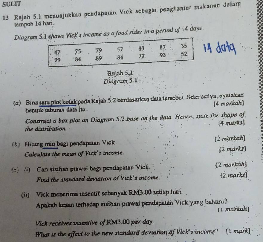 SULIT 
13 Rajah 5.1 menunjukkan pendaparán Vick scbagar penghantar makanan dalam 
(empoh 14 hari 
Diagram S.1 shows Vick's income as a food rider in a period of 14 days.
47 75: 79 57 83 87 35
99 84 89 84 72 93 52
Rajah 5.1 
Diagram 5 1 
(q) Bina satu plot kotak pada Rajah 5.2 berdasarkan data tersebut. Seterusnya, nyatakan 
bentuk táburan data itu [4 markah] 
Construct a box plot on Diagram 5:2 base on the data Hence, state the shape of 
the distribution (4 marks) 
(6) Hitung min bagı pendapatan Vick [2 markah] 
Calculate the mean of Vick's income [2 marks] 
e i) Can sisihan plawai bag pendapatan Vick 2 markah 
Find the standard deviation of Vick's income. 2 marks) 
(i1) Vick menerima insentif sebanyak RM3.00 actiap har. 
Apakah kesan terhadap sisihan plawal pendapatan Vick yang baharu? 
(1 markon] 
Vick receives insentive of RM3.00 per day. 
What is the effect to the new standard deviation of Vick's income? [I mark]