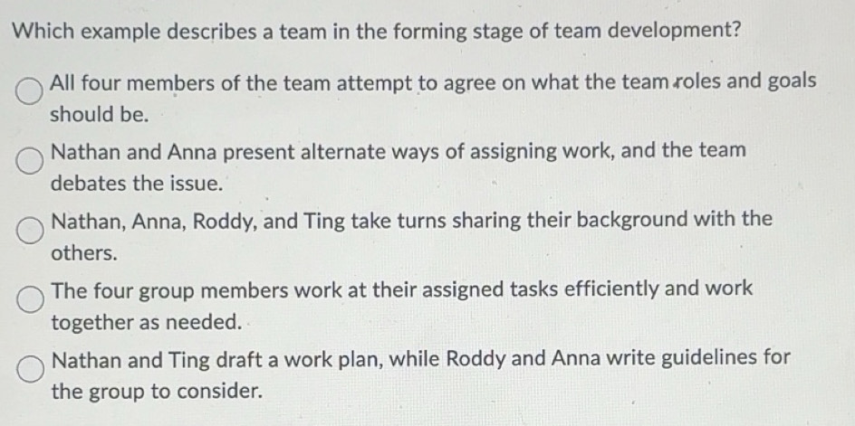 Solved: Which example describes a team in the forming stage of team ...