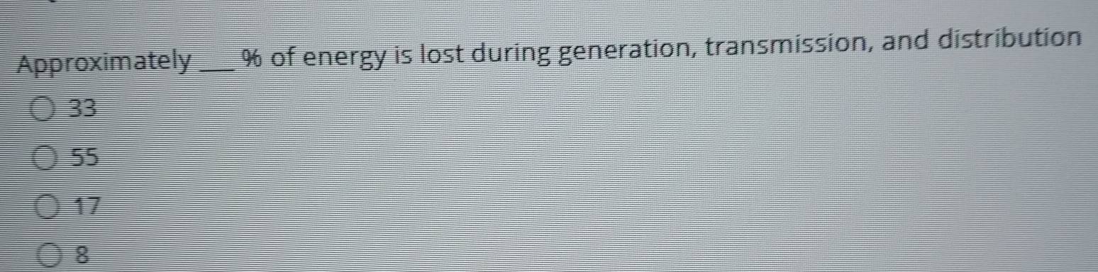 Approximately_ % of energy is lost during generation, transmission, and distribution
33
55
17
8