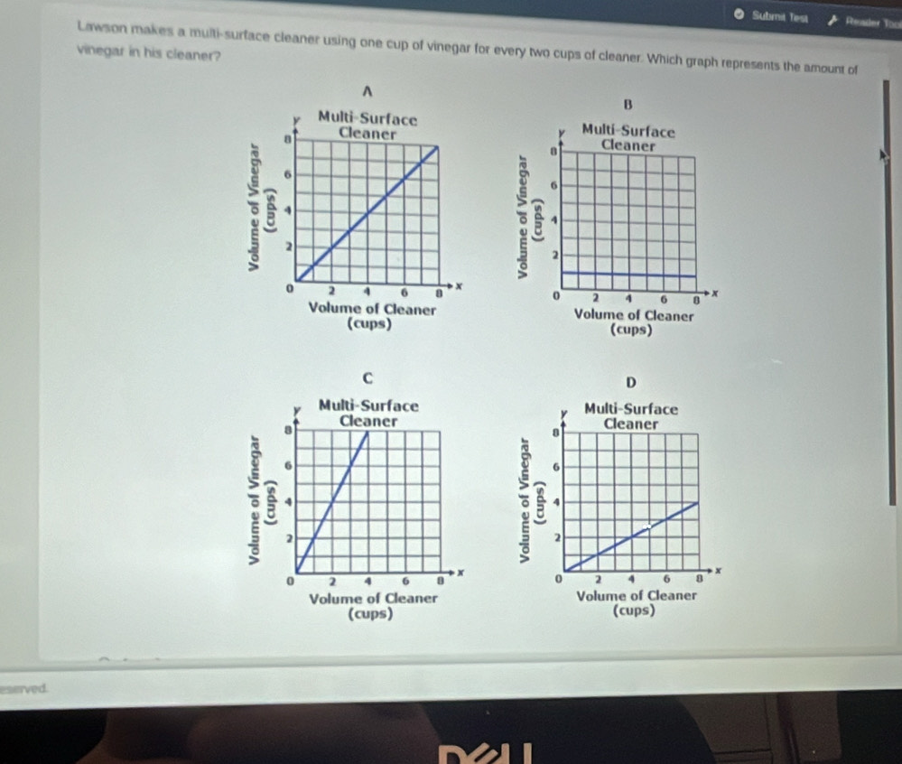 Submit Test Reader Too 
Lawson makes a multi-surface cleaner using one cup of vinegar for every two cups of cleaner. Which graph represents the amount of 
vinegar in his cleaner? 
A 
B 



(cups) 
C 
D 





Volume of Cleaner Volume of Cleaner 
(cups) (cups) 
eserved.