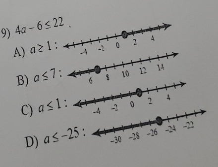 4a-6≤ 22
A) a≥ 1 :
B) a≤ 7

C) a≤ 1
D) a≤ -25