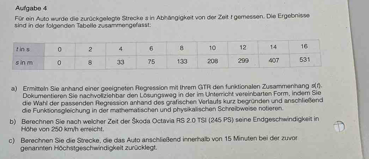 Aufgabe 4 
Für ein Auto wurde die zurückgelegte Strecke s in Abhängigkeit von der Zeit t gemessen. Die Ergebnisse 
sind in der folgenden Tabelle zusammengefasst: 
a) Ermitteln Sie anhand einer geeigneten Regression mit Ihrem GTR den funktionalen Zusammenhang s(t). 
Dokumentieren Sie nachvollziehbar den Lösungsweg in der im Unterricht vereinbarten Form, indem Sie 
die Wahl der passenden Regression anhand des grafischen Verlaufs kurz begründen und anschließend 
die Funktionsgleichung in der mathematischen und physikalischen Schreibweise notieren. 
b) Berechnen Sie nach welcher Zeit der Škoda Octavia RS 2.0 TSI (245 PS) seine Endgeschwindigkeit in 
Höhe von 250 km/h erreicht. 
c) Berechnen Sie die Strecke, die das Auto anschließend innerhalb von 15 Minuten bei der zuvor 
genannten Höchstgeschwindigkeit zurücklegt.