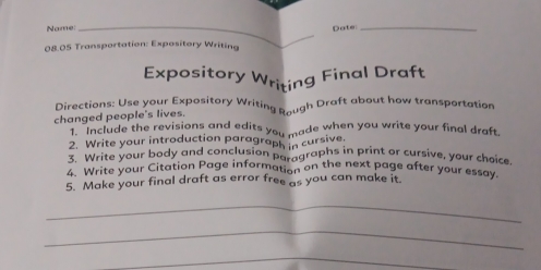Name 08.05 Transportation: Expository Writing Dote_ Expository Writing ...