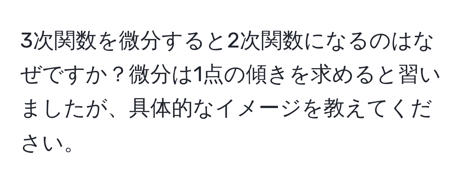 3次関数を微分すると2次関数になるのはなぜですか？微分は1点の傾きを求めると習いましたが、具体的なイメージを教えてください。