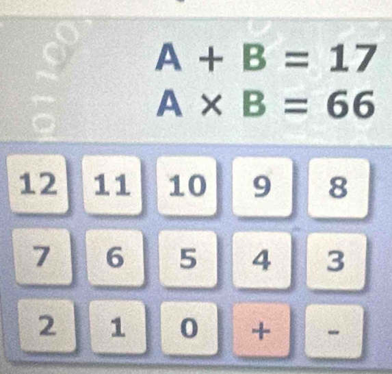 A+B=17
A* B=66
12 11 10 9 8
7 6 5 4 3
2 1 0
-