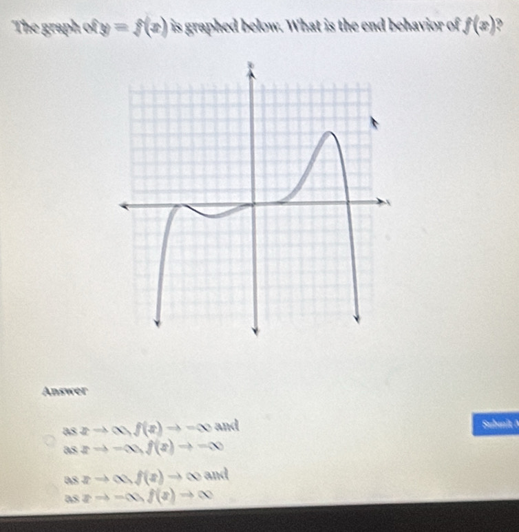 The graph ofy=f(x) is graphed below. What is the end behavior of f(x)? 
Answer
as2to ∈fty , f(x)to -∈fty and Submit A
asxto -∈fty , f(x)to -∈fty
aszto ∈fty , f(z)to ∈fty and
aszto -∈fty , f(z)to ∈fty