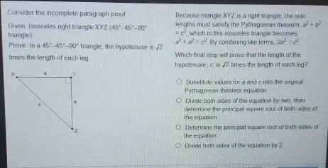 Solved: Consider the incomplete paragraph proof Because triangle XYZ is ...