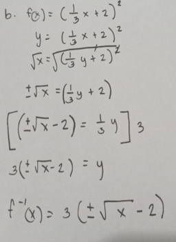 f(x)=( 1/3 x+2)^2
y=( 1/3 x+2)^2
sqrt(x)=sqrt((frac 1)3y+2)^2
± sqrt(x)=( 1/3 y+2)
[(± sqrt(x)-2)= 1/3 y]3
3(± sqrt(x)-2)=y
f^(-1)(x)=3(± sqrt(x)-2)