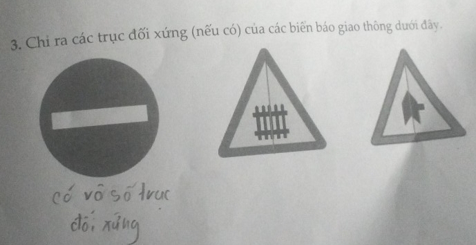 Chỉ ra các trục đối xứng (nếu có) của các biển báo giao thông dưới đây.