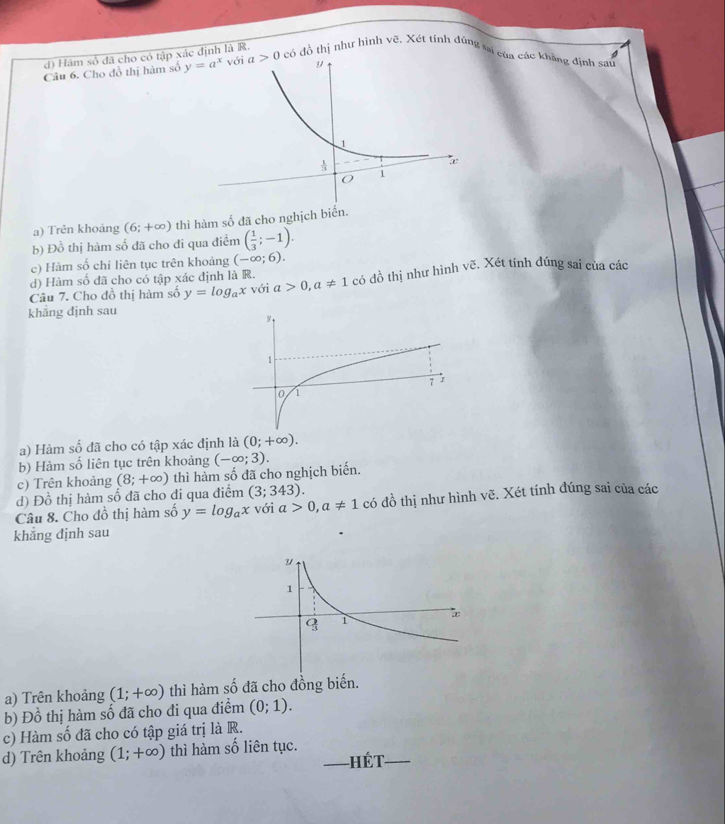 d) Hàm số đã cho có tập xác định là R.
a
Câu 6. Cho đồ thị hàm số a>0 có đồ thị như hình vẽ. Xét tính đúng sai của các khẳng định sau
a) Trên khoảng (6;+∈fty ) thì hàm số đã cho nghịch biến.
b) Đồ thị hàm số đã cho đi qua điểm ( 1/3 ;-1).
c) Hàm số chỉ liên tục trên khoảng (-∈fty ;6).
d) Hàm số đã cho có tập xác định là R.
Câu 7. Cho đồ thị hàm số y=log _ax với a>0,a!= 1 có đồ thị như hình vẽ. Xét tính đúng sai của các
khẳng định sau
a) Hàm số đã cho có tập xác định là (0;+∈fty ).
b) Hàm số liên tục trên khoảng (-∈fty ;3).
c) Trên khoảng (8;+∈fty ) thì hàm số đã cho nghịch biến.
d) Đồ thị hàm số đã cho đi qua điểm (3;343).
Câu 8. Cho đồ thị hàm số y=log _ax với a>0,a!= 1 có đồ thị như hình vẽ. Xét tính đúng sai của các
khẳng định sau
a) Trên khoảng (1;+∈fty ) thì hàm số đã cho đồng biến.
b) Đồ thị hàm số đã cho đi qua điểm (0;1).
c) Hàm số đã cho có tập giá trị là R.
d) Trên khoảng (1;+∈fty ) thì hàm số liên tục. Hét