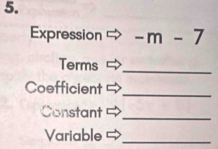 Expression -m-7
_ 
Terms Rightarrow 
Coefficient C_ 
Constant_ 
Variable_