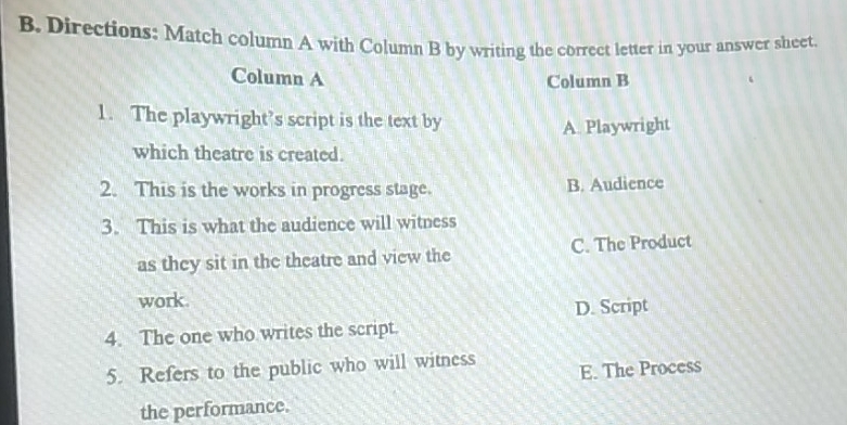 Directions: Match column A with Column B by writing the correct letter in your answer sheet.
Column A Column B
1. The playwright’s script is the text by
A Playwright
which theatre is created.
2. This is the works in progress stage. B. Audience
3. This is what the audience will witness
as they sit in the theatre and view the C. The Product
work.
D. Script
4. The one who writes the script.
5. Refers to the public who will witness E. The Process
the performance.