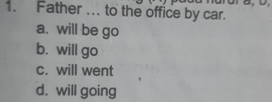 Father ... to the office by car.
a. will be go
b. will go
c. will went
d. will going