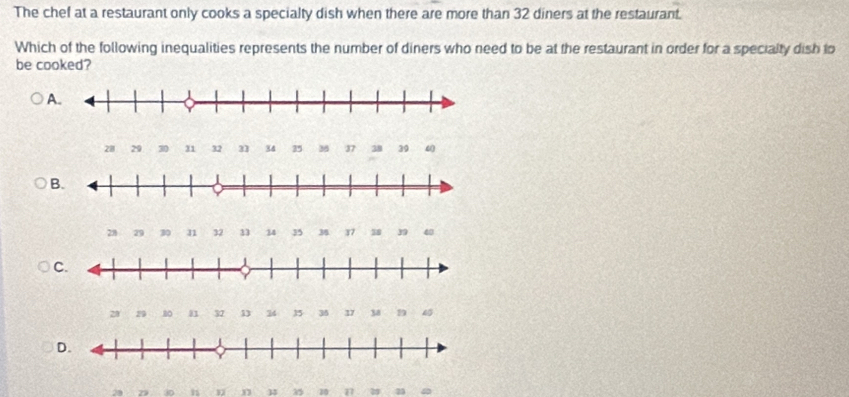 The chef at a restaurant only cooks a specialty dish when there are more than 32 diners at the restaurant.
Which of the following inequalities represents the number of diners who need to be at the restaurant in order for a specialty dish to
be cooked?
A.
211 29 3 31 32 33 34 35 36 37 38 30 “0
B.
28 29 30 11 32 33 34 35 3 37 38 39 40
C.
28 29 80 11 32 11 34 35 35 17 38 D 45
D.
n 1 35 10 n