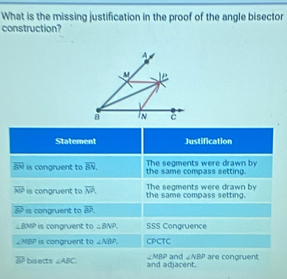 What is the missing justification in the proof of the angle bisector
construction?
Statement Justification
The segments were drawn by
overline BM is congruent to overline BN, the same compass setting.
The segments were drawn by
overline MP is congruent to overline NP. the same compass setting.
overline SP is congruent to overline BP,
△ BMP is congruent to △ BNP. SSS Congruence
∠ MBP is congruent to ∠ NBP. CPCTC
∠ MBP and ∠ NBP are congruent
overline 8^3 bisects ∠ ABC and adjacent.