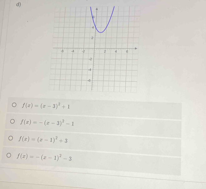 f(x)=(x-3)^2+1
f(x)=-(x-3)^2-1
f(x)=(x-1)^2+3
f(x)=-(x-1)^2-3