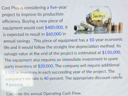 Solved: Cost Plus is considering a fve-year project to improve its ...
