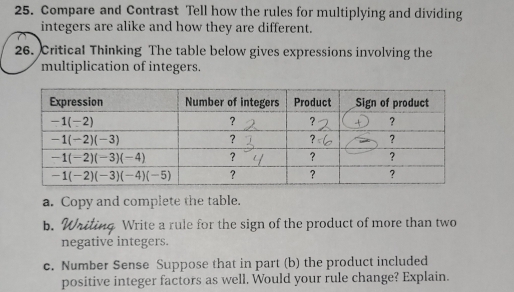 Compare and Contrast Tell how the rules for multiplying and dividing
integers are alike and how they are different.
26. Critical Thinking The table below gives expressions involving the
multiplication of integers.
a. Copy and complete the table.
b. Tritin Write a rule for the sign of the product of more than two
negative integers.
c. Number Sense Suppose that in part (b) the product included
positive integer factors as well. Would your rule change? Explain.