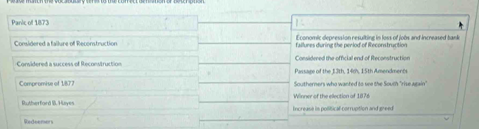 Please match the vocabulary term to the correct dennition or description.
Panic of 1873
Economic depression resulting in loss of jobs and increased bank
Considered a failure of Reconstruction failures during the period of Reconstruction
Considered the official end of Reconstruction
Considered a success of Reconstruction
Passage of the 13th, 14th, 15th Amendments
Compromise of 1877 Southerners who wanted to see the South "rise again"
Winner of the election of 1876
Rutherford B. Hayes
Increase in political corruption and greed
Redeemers