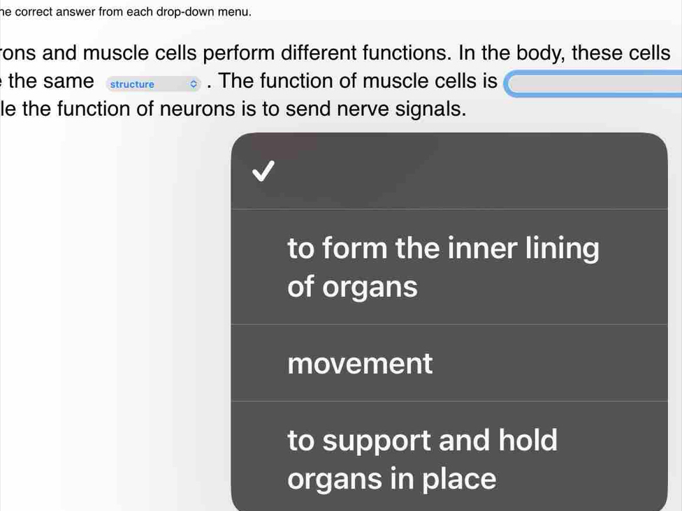 he correct answer from each drop-down menu. 
rons and muscle cells perform different functions. In the body, these cells 
the same structure . The function of muscle cells is 
le the function of neurons is to send nerve signals. 
to form the inner lining 
of organs 
movement 
to support and hold 
organs in place