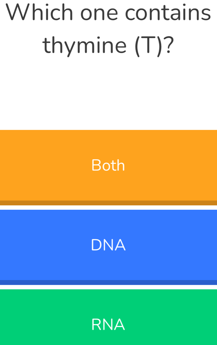 Which one contains
thymine (T)?
Both
DNA
RNA