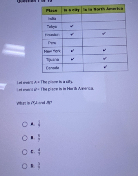 Let event A= The place is a city.
Let event B= The place is in North America.
What is P(A and B)?
A.  2/7 
B.  5/7 
C.  4/7 
D.  3/7 