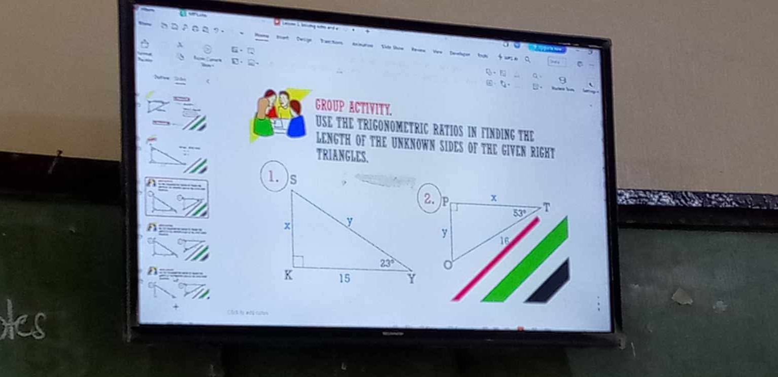 ·
Cesgn  Taector  AnimuronSker Show Reene Vee Senelager ToN  wns n C  C 
B、 . 。 
0· 1 
9
ω、Q]            
GROUP ACTIVITY.
USE THE TRIGONOMETRIC RATIOS IN FINDING THE
LENGTH OF THE UNKNOWN SIDES OF THE GIVEN RIGHT
TRIANGLES.
2.
Xes
Clch là aớã caton