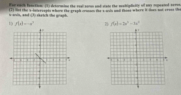 For each function: (1) determine the real zeros and state the multiplicity of any repeated zeros, 
(2) list the x-intercepts where the graph crosses the x-axis and those where it does not cross the 
x-axis, and (3) sketch the graph. 
1) f(x)=-x^3 2) f(x)=2x^3-3x^2