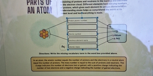 onsisting of protons and neutrons in the nucieus and electr 
the electron cloud. Different elements have varying numbers 
protons, which gives each element its unique characteristics. 
AN ATOM nderstanding atoms helps us comprehend the world at its . 
lest level and hov everything is made. 
Directions: Write the missing vocabulary term in the word box provided above 
in an atom, the atomic number equals the number of protons and the electrons in a neutral atom 
equal the number of protons. The mass number is equal to the sum of protons and neutrons. The 
charge indicates the number of electrons lost or gained, with a positive charge indicating the 
number of lost electrons and a negative charge indicating the number of gained electrons.